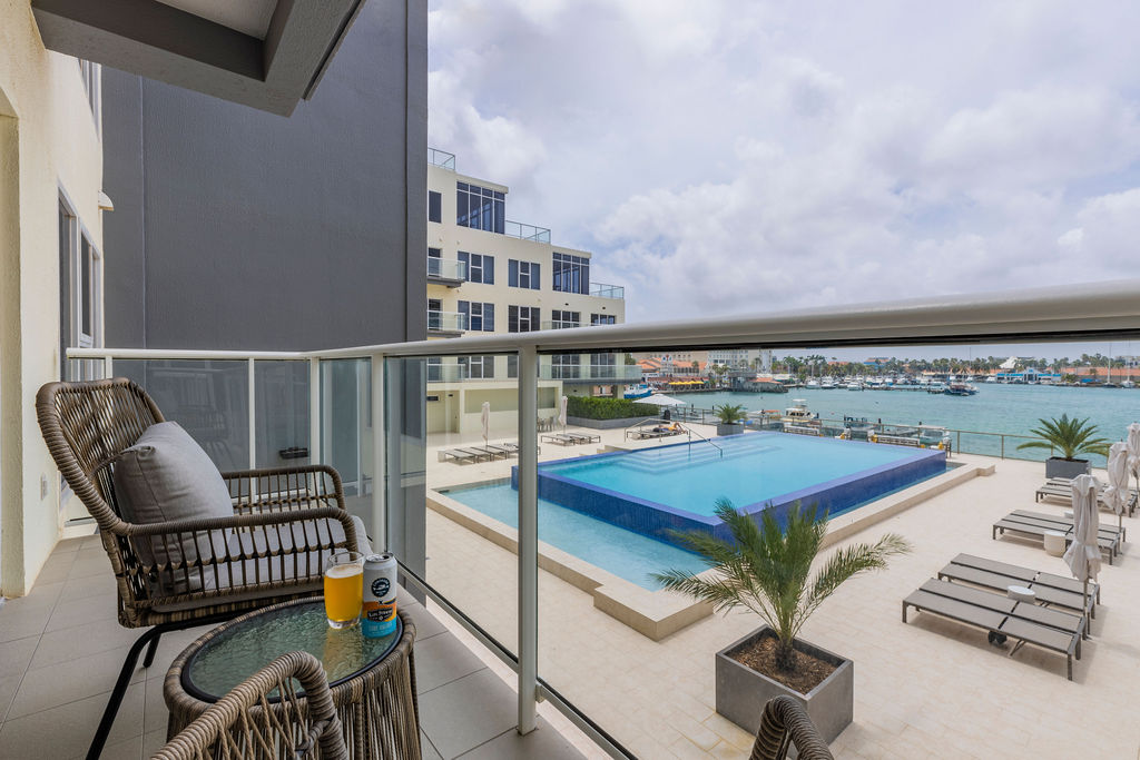 Harbour House Aruba rental, pool and marina view