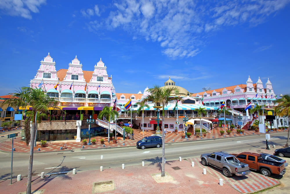 View of shopping mall in Aruba, featuring colorful architecture